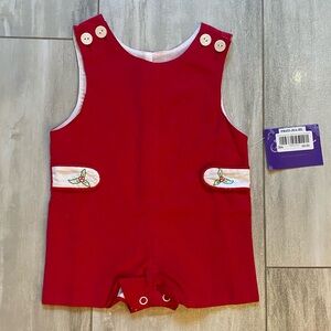 NWT Phoenix & Ren Red Corduroy Shortall with Embroidered Holly Tabs, boys 3M